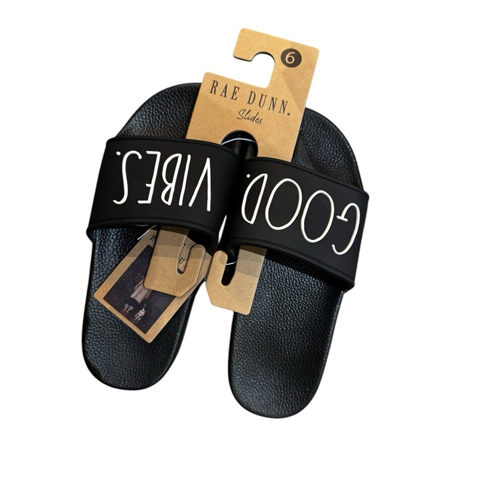 Rae Dunn Good Vibes black slides size 6